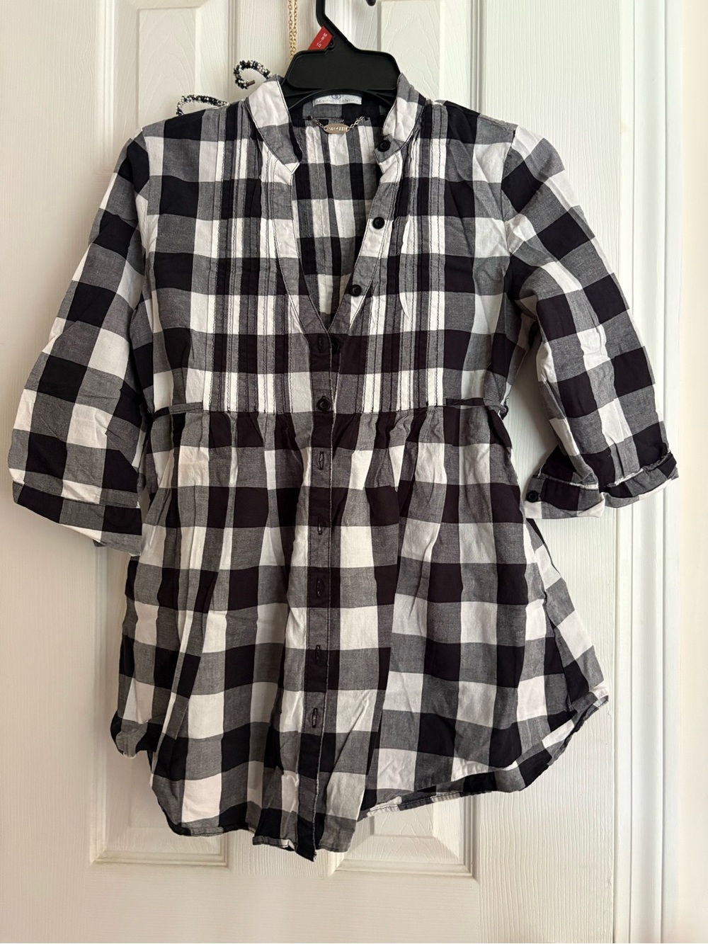 Girls Black & White Plaid Button-Front Tunic Shirt